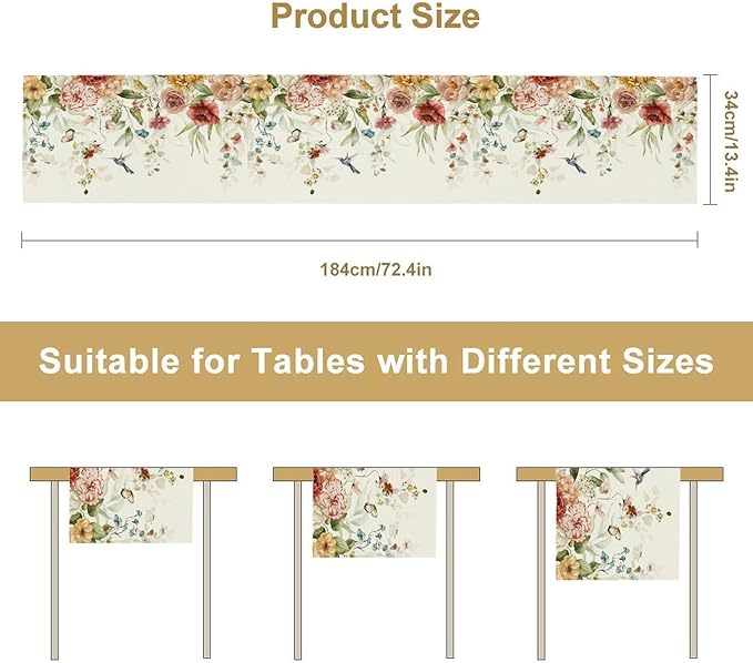Rustic Floral Table Runner, Watercolor Flower Leaves Hummingbird Butterfly - Image 2