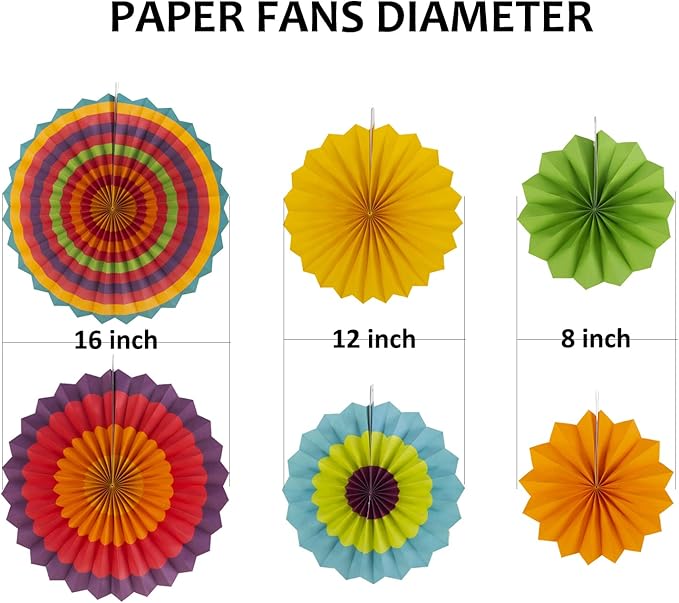 SUNBEAUTY Pack of 6 Hanging Paper Fans Party Carnival Circus Round Pattern - Image 3