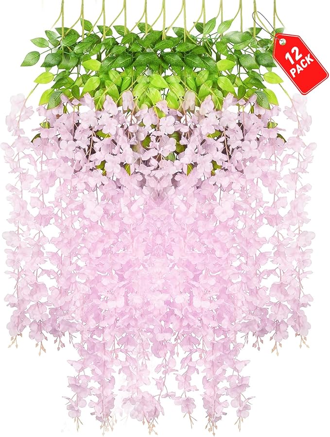 12 Pack Pink Wisteria Hanging Flowers, 3.44 Ft Fake Hanging Flowers, Artificial by ZEBMOON