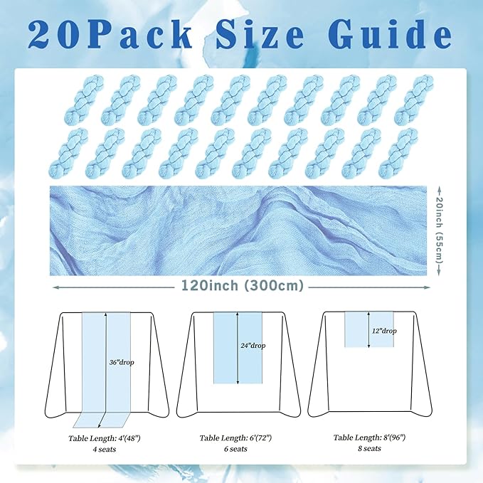 20 Pack Baby Blue Cheesecloth Table Runner 20 x 120 Inch Long Rustic Gauze - Image 2