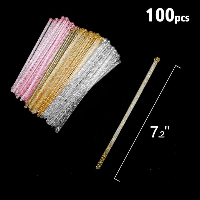 100-PCS Gold Pink Silver Glitter Plastic Swizzle Sticks, Crystal Cake Pops - Image 6