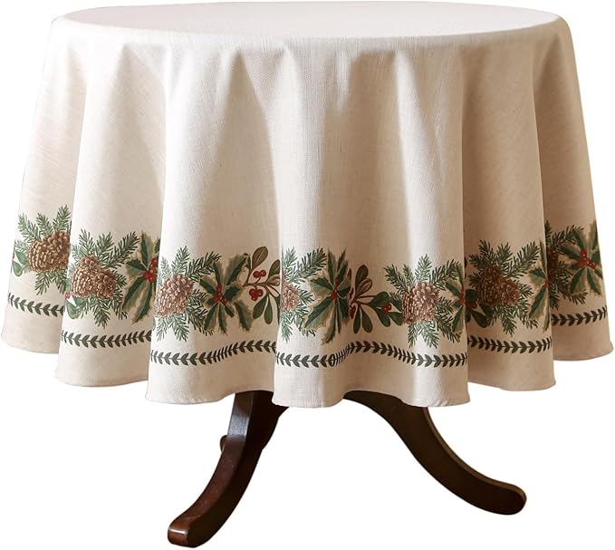 ISAENNE Designer Christmas Linen Round Tablecloth, Light Beige Western Elegant by Isaennehomedecoration