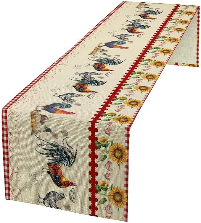 Rustic Rooster Table Runner, Vintage Country Farm Sunflower Chicken Red Plaid by Kurtect