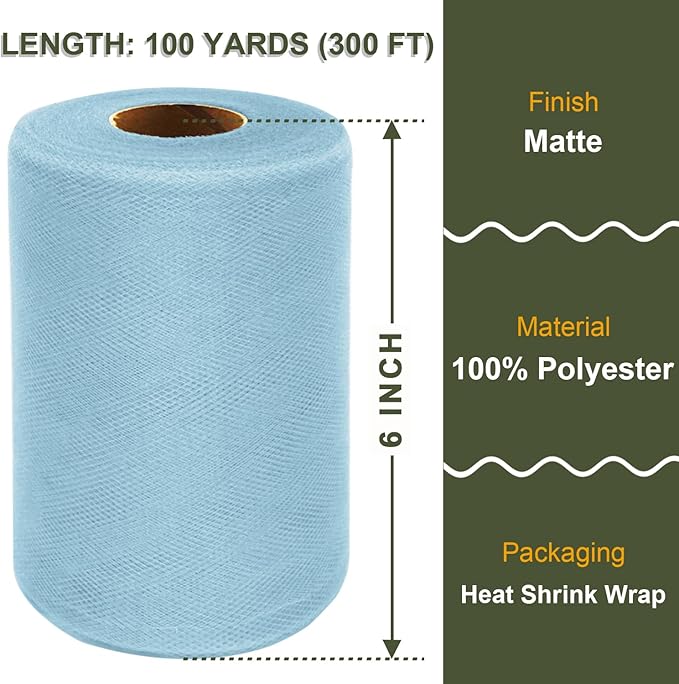 Light Blue Tulle Fabric Roll 6 Inch X 300 FT Matte Tulle Ribbon Netting Mesh - Image 2