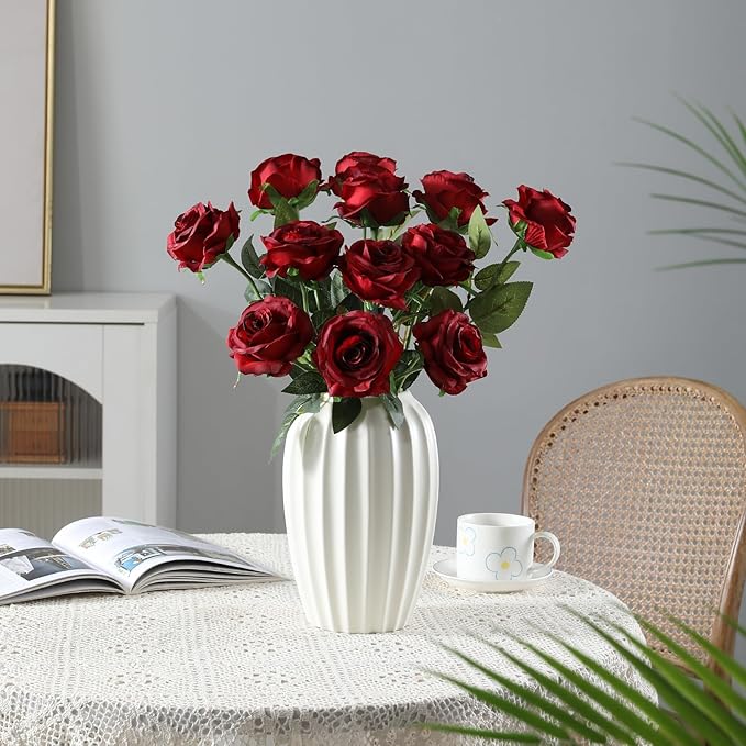 Tifuly 12pcs Red Roses Artificial Flowers, Realistic Long Stem Fake Silk Roses - Image 3