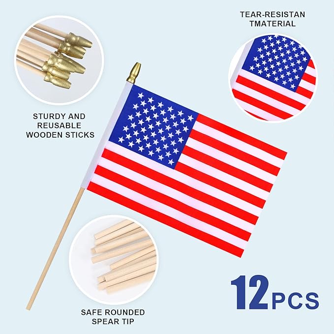 12Pcs Small American USA Flags on Wooden Stick Mini United States Flag Hand - Image 4