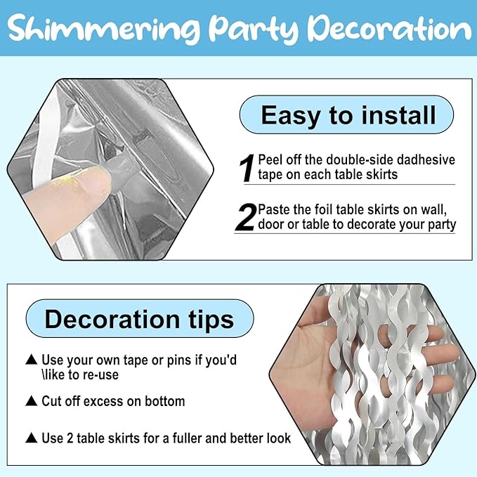 6 Pack 29 x108 Inch Silver Wave Foil Fringe Table Skirts Metallic Banner - Image 3
