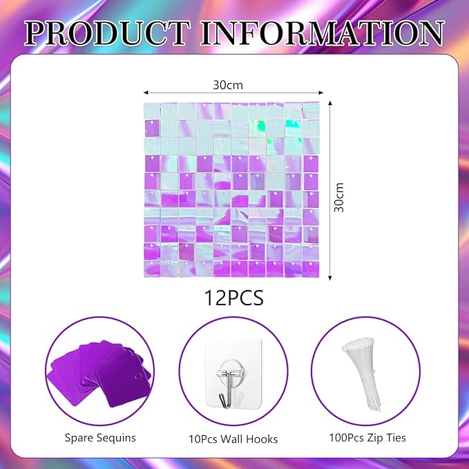 12PCS Colorful Purple Shimmer Wall Backdrop, Square Sequin Photo Backdrops Panel - Image 2