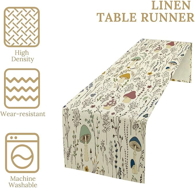 Mushroom Table Runner, Colorful Wild Plants and Fungus Botanical Plants Pattern - Image 3