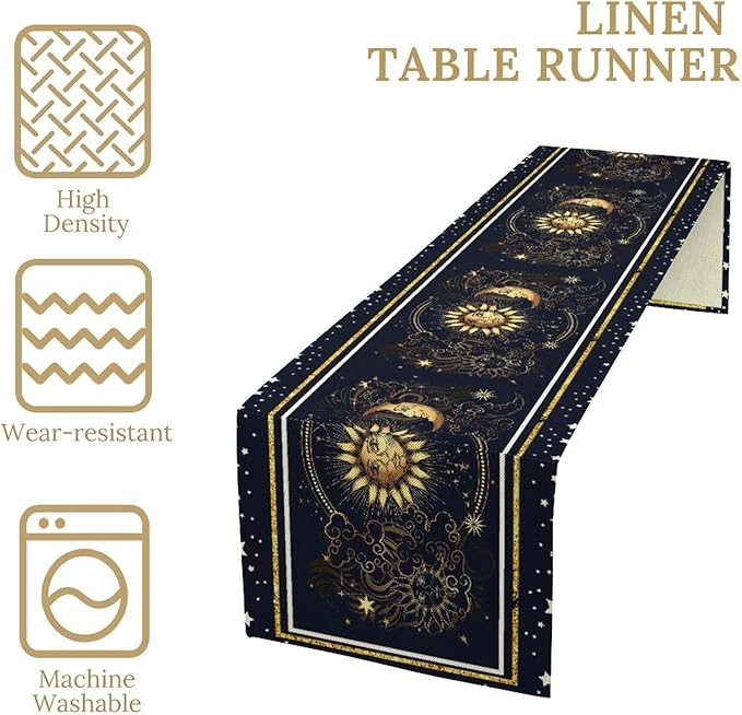 Sun Moon Table Runner, Seasonal Golden Sun Moon Holiday Kitchen Dining Table - Image 4