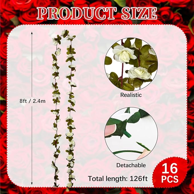 16Pcs 126Ft Cream Rose Garland, Fake Rose Hanging Flowers, Artificial Flower - Image 2