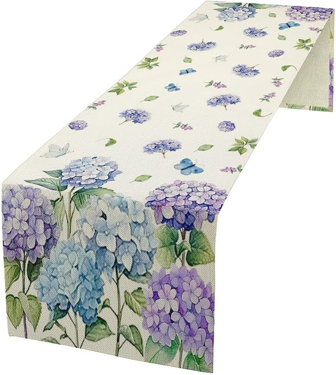 Spring Hydrangea Flower Table Runner, Seasonal Summer Plants Watercolor Florals by SHElifestyle