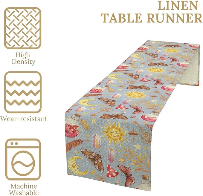 Boho Sun Moon Table Runner Mystical Rustic Butterfly Mushroom Star Table Runner - Image 4