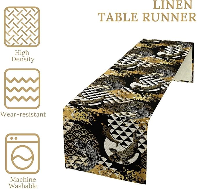 Japanese Table Runner Oriental Tradition Kio Fish Gold Art Printed Burlap - Image 3