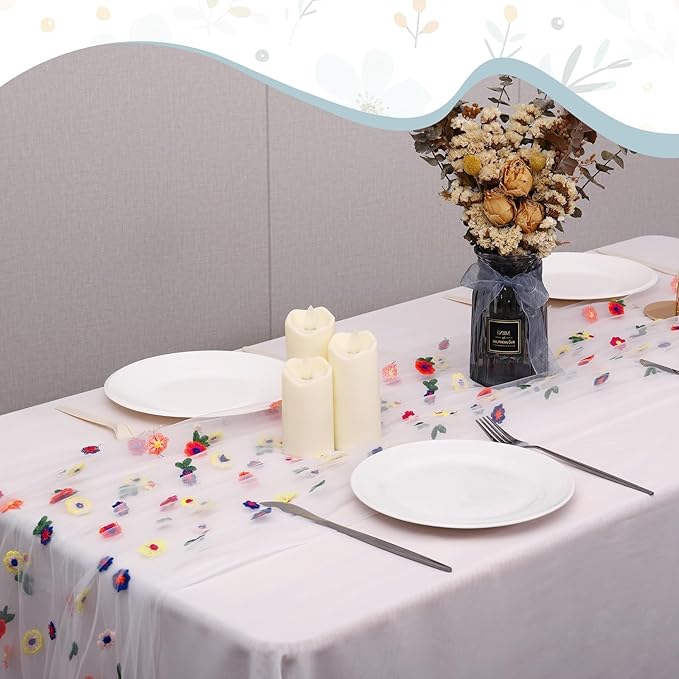 3PCS Lvory Floral Table Runner 10 FT, Embroidery Daisy Table Runners Seasonal - Image 3