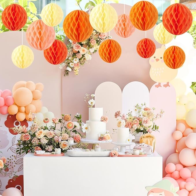 Pink and Orange Honeycomb Hanging Paper Balls, Fall Party Decoration, Groovy - Image 6