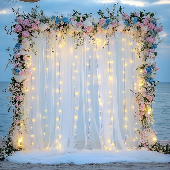 Tulle Backdrop Curtain with Lights String 20 X 10FT Ivory Sheer Tulle Backdrop - Image 6