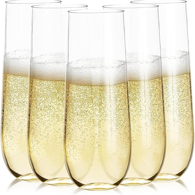 Prestee 24 Plastic Champagne Flutes - 9oz Heavy Duty Stemless Champagne Glasses by Prestee
