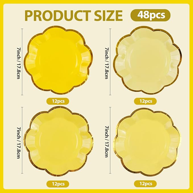 48Pcs Yellow Scalloped Party Plates - Image 2