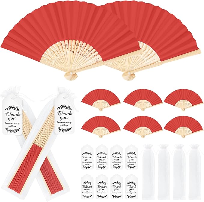 50Set Wedding Hand Fans Party Favors Red Paper Folding Handheld Fans Bulk by wxfdac