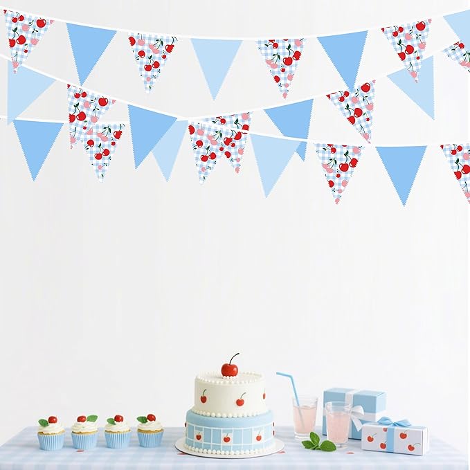 32Ft Blue Gingham Cheery Pennant Banner Fabric Triangle Flag Garland Streamers - Image 4
