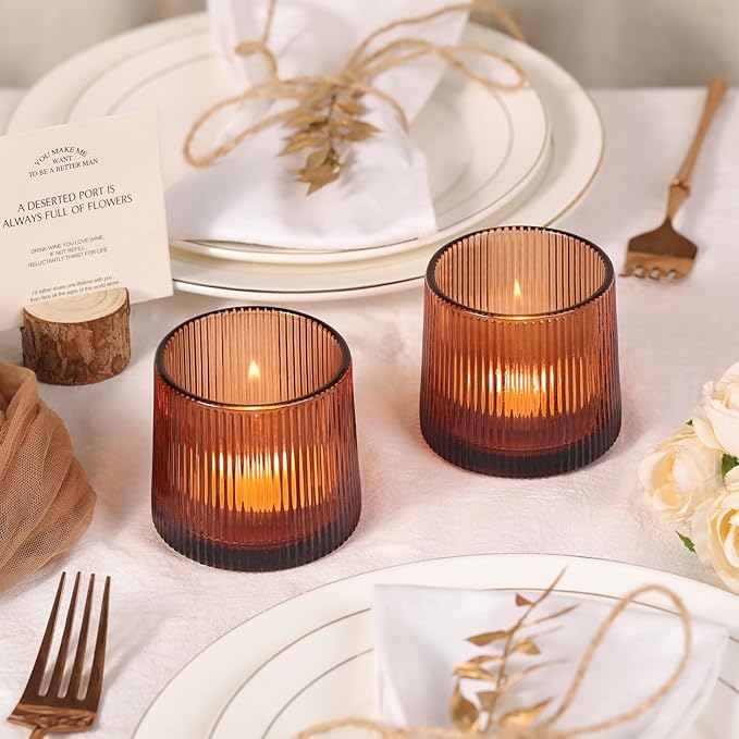 Amber Ribbed Tealight Votive Candle Holders Set of 10- Votive Candle Holders - Image 6