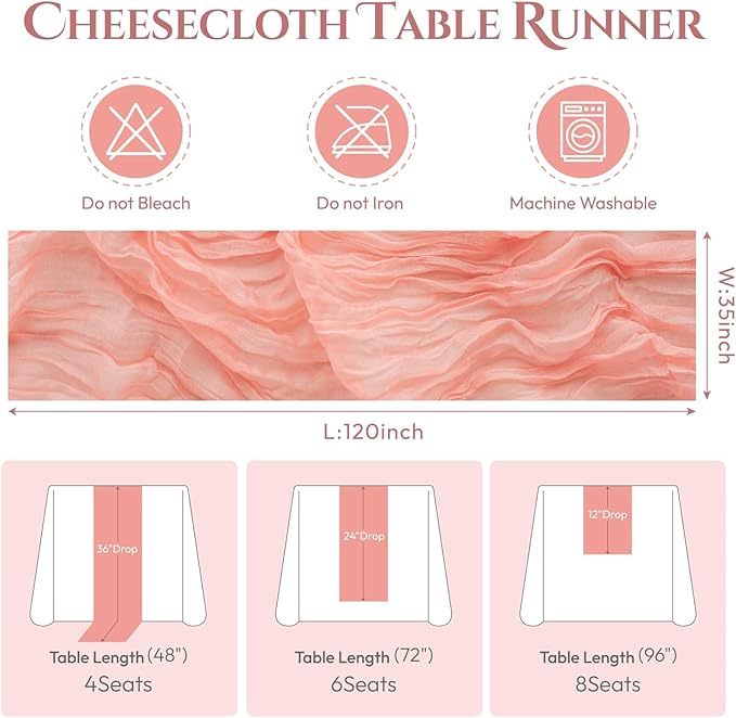 Sioloc 5 Pack Peach Coral Cheesecloth Table Runner Fall Autumn Decor - Image 6