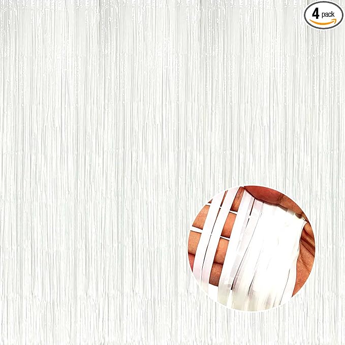 4 Pack Macaron White Foil Fringe Curtain Backdrop, 3.28Ft x 8.2Ft Foil Fringe by Unknown