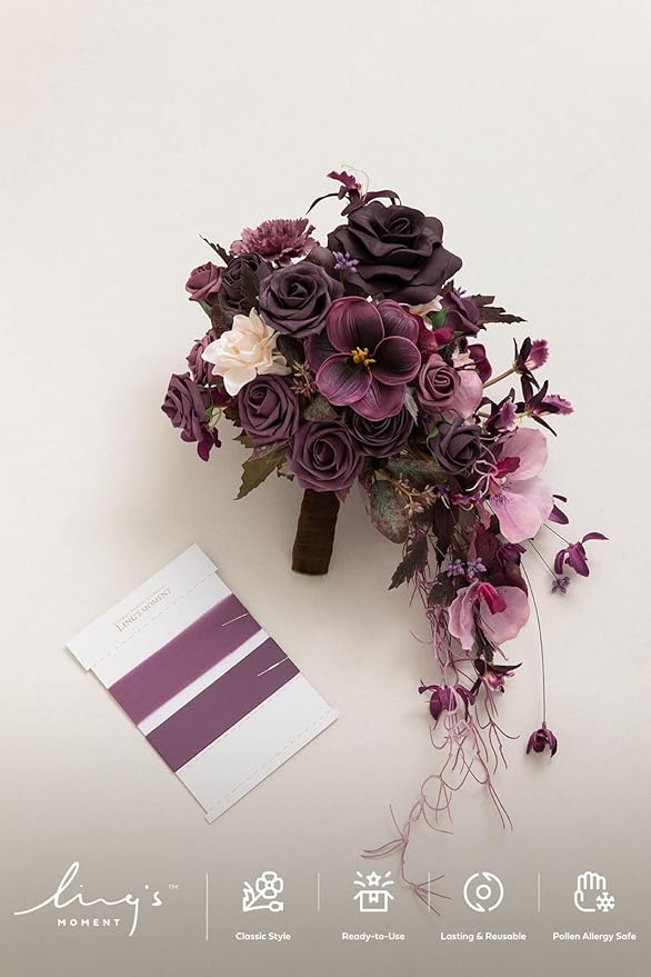 Ling's moment Purple Bridal Bouquet Cascading, Plum Wedding Bouquets - Image 5