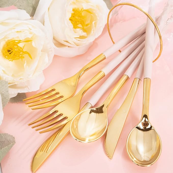 Rubtlamp 90Pcs Gold Plastic Silverware, 60 Plastic Forks and Spoons - Image 5