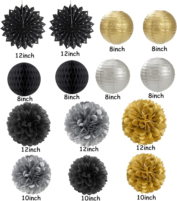 Black Gold Silver Party-Decorations Streamers-Lanterns - Image 4