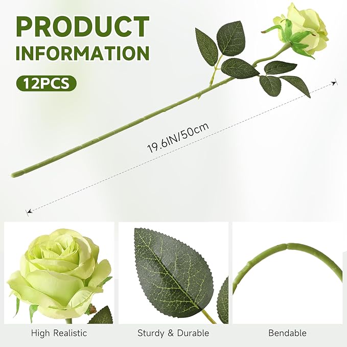 Tifuly Green Roses Artificial Flowers -12Pcs Realistic Single Long Stem Fake - Image 2