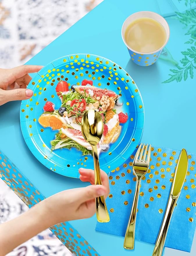 141 Pieces Sky Blue Gold Party Supplies, Party Dinnerware Sets Include Paper - Image 4