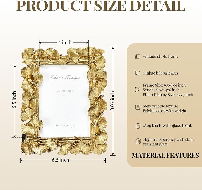 Cuspin Gold Picture Frame 4x6 Vintage Gold Frames, Ornate Leaf Textured - Image 4