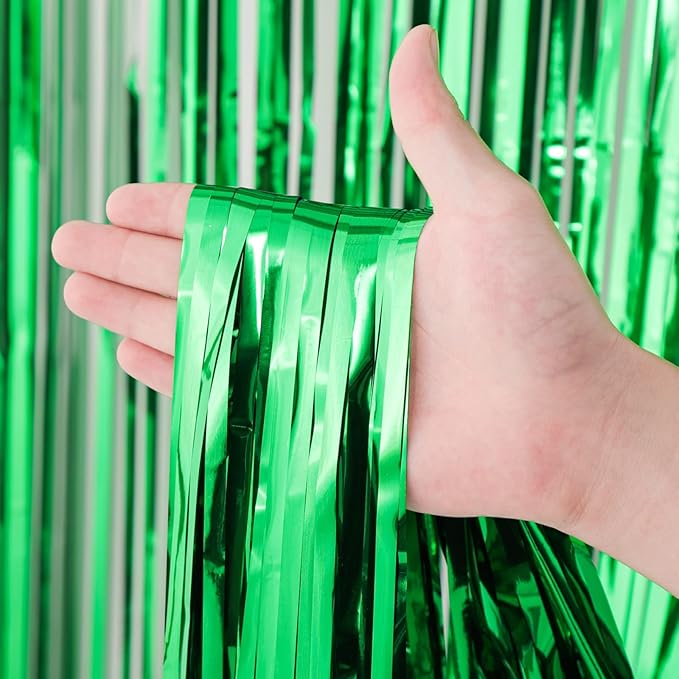 4 Pack Green Foil Fringe Backdrop Curtains, Tinsel Streamers Birthday Party - Image 2