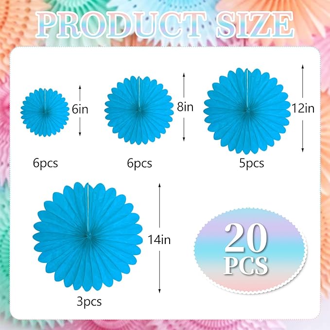 20 Pcs Sky Blue Hanging Paper Fan, Round Paper Fans Decorations Set - Image 2