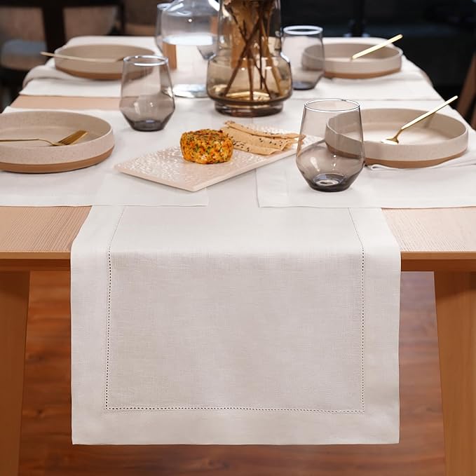 White Table Runner 72 inches Long – 100% Pure Linen Hemstitch 14 x 72 Inch - Image 3