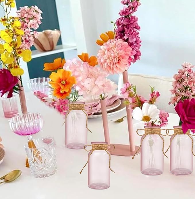 Vintage Glass Flower Vase，6 Pack Pink Farmhouse Glass Centerpiece Vases Mason - Image 5