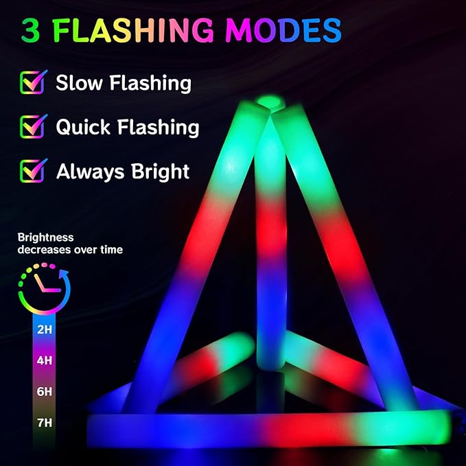 AOWDIAO 12 Pcs 16″ Foam LED Glow Sticks, 3 Light Up Modes, Party Favors - Image 2