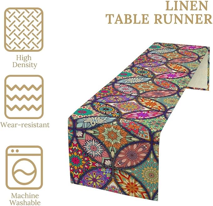 Boho Floral Table Runner, Colorful Flower Retro Bohemian Table Cloth Kitchen - Image 4
