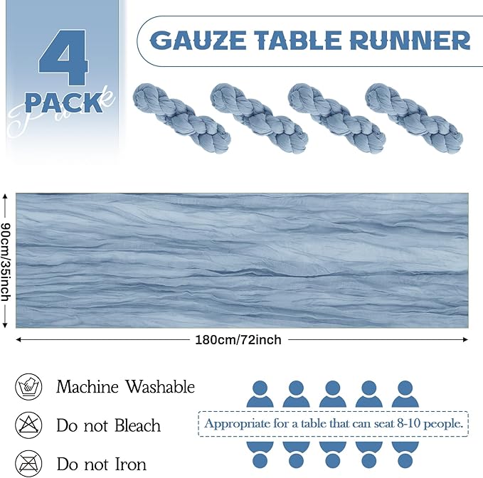 Aktor 4 Pack Dusty Blue Table Runner Boho Cheesecloth Table Runner Semi Sheer - Image 2