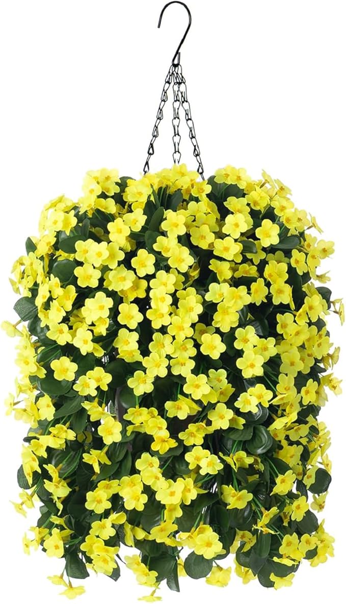 HyeFlora Artificial Fake Hanging Outdoor Flowers Plants Basket, Faux Silk - Image 7