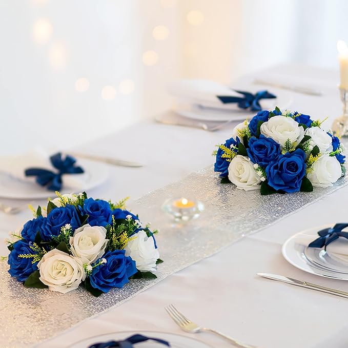 BLOSMON Royal Blue White Flowers: 2 Pcs Fake Roses Flower Balls Centerpiece - Image 2