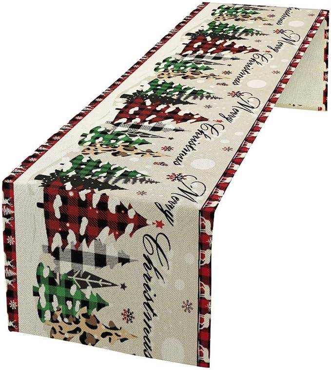 Christmas Tree Table Runner, Farmhouse Xmas Trees Buffalo Plaid Winter by Kurtect