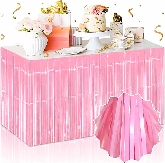 3 Pack 29 x108 Inch Macaron Pink Foil Fringe Table Skirts Metallic Banner by LANTIANCHEN