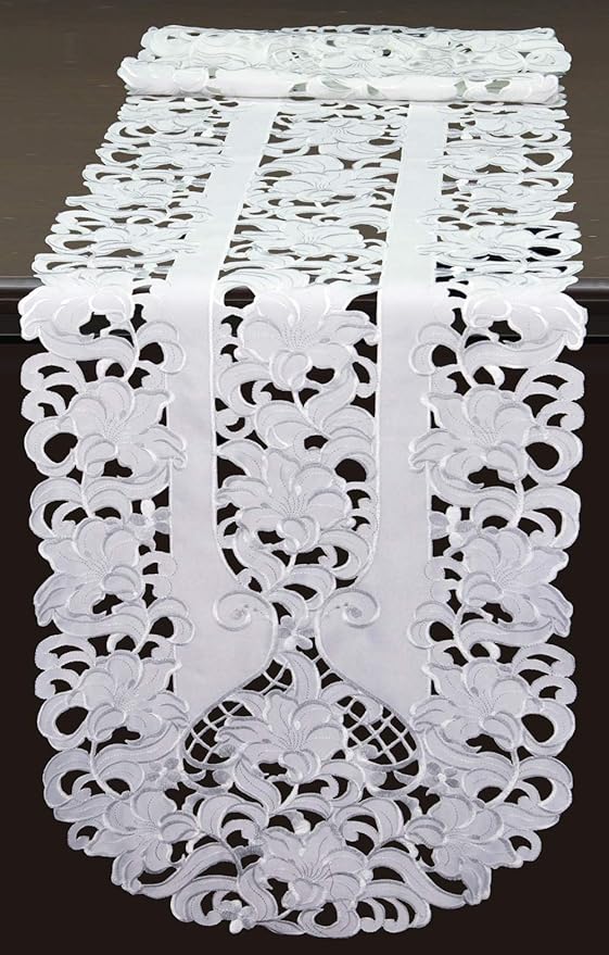 Creative Linens Embroidered Floral Table Runner 15x53 Oval Dresser Scarf White by Creative+Linens