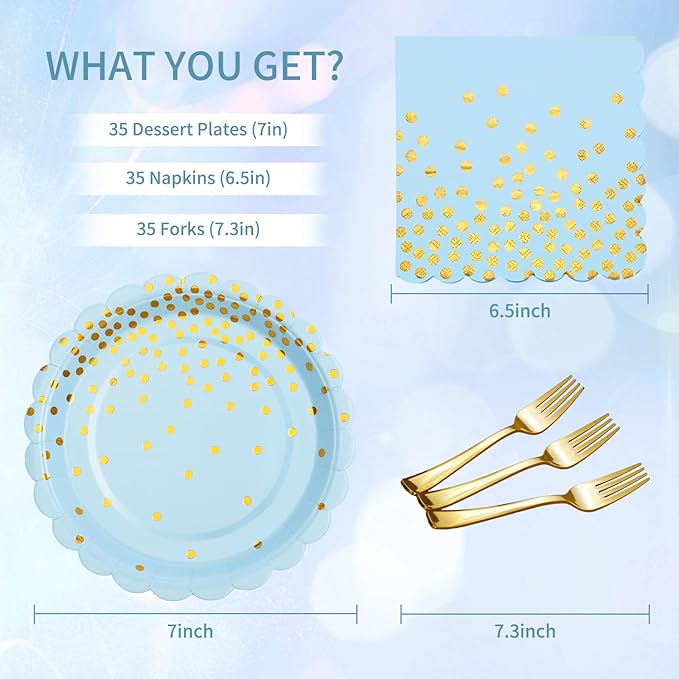 Light Blue Paper Plates and Napkins Party Supplies, Disposable Gold Dot Dessert - Image 2