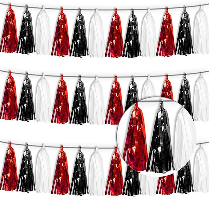3P Black Red White Foil Fringe Tassel Banner Metallic Tinsel Streamer Garland by Xuuf