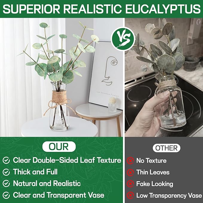Artificial Eucalyptus Stems in Glass Vase - Image 4