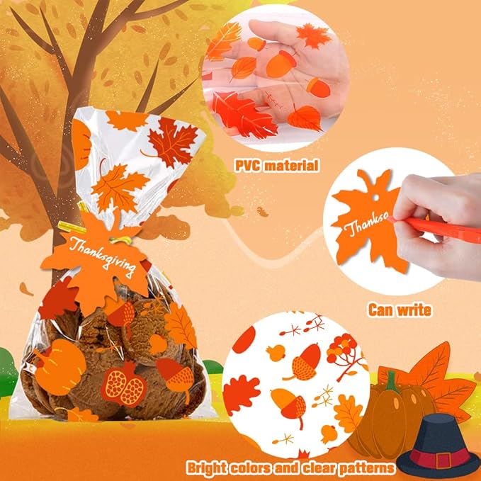 YUJUN 120 PCS Fall Cellophane Treat Bags, Maple Leaves Gift Goodie Candy Autumn - Image 3
